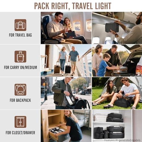 Veken 10 Set/8 Set Packing Cubes for Travel Essentials,Anti-Wrinkle Buckled Suitcase Organizer for Shoe & Toiletry Bag,Carry On Luggage Bag for Airplane & College Dorm Room Accessories,Women Men Gifts — view 7