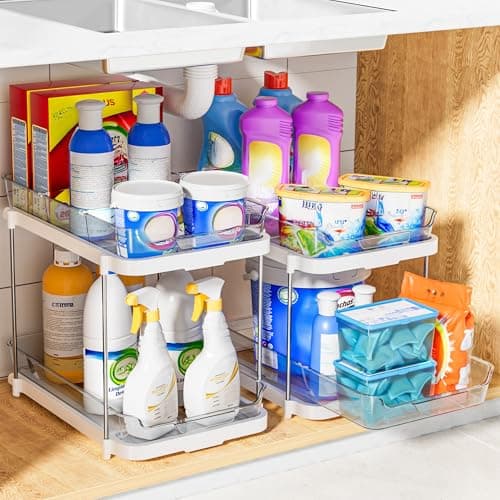 Delamu 2-Tier Multi-Purpose Bathroom Under Sink Organizers and Storage, Stackable Kitchen Pantry Organization, Pull Out Medicine Cabinet Organizer with Movable Dividers, White, 2 Pack — view 7