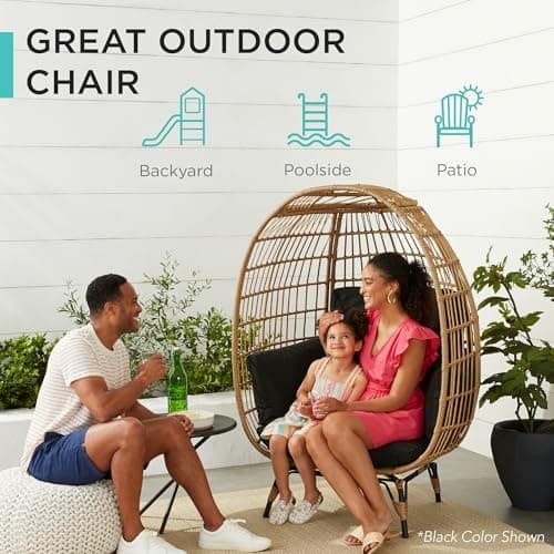 Best Choice Products Wicker Egg Chair, Oversized Indoor Outdoor Lounger for Patio, Backyard, Living Room w/ 4 Cushions, Steel Frame, 440lb Capacity - Pink/Pink — view 3