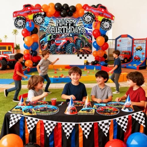 LaVenty Monster Truck Birthday Plates Napkins Monster Trucks Birthday Decoration Monster Trucks Party Supplies Monster Truck Backdrop Balloons Banner — view 5