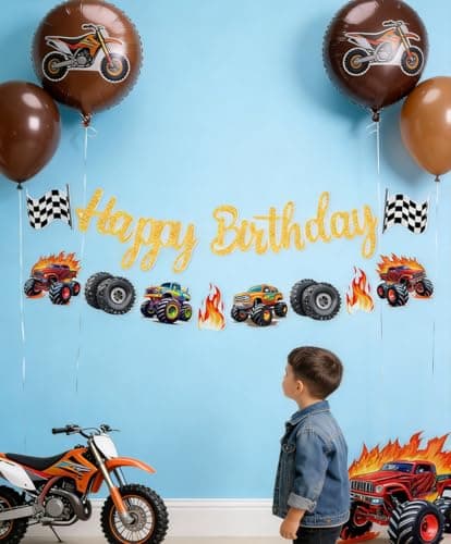 Monster Truck Happy Birthday Banner Racing Truck Party Wall Sign Decor — view 4
