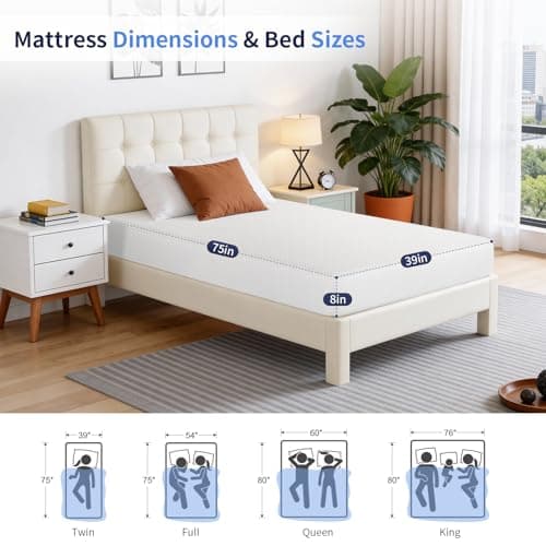 FDW | 8 Inch Twin Mattress | Medium Firm | Gel Memory Foam Mattress | White | Bed in a Box, CertiPUR-US Certified | Pressure Relief, Cooling Ventilated Foam | Washable Removable Cover — view 5
