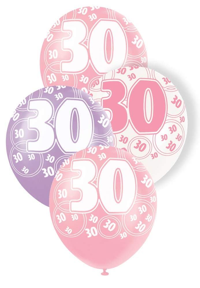 Unique Party 80874 - 12" Latex Glitz Pink 30th Birthday Balloons, Pack of 6