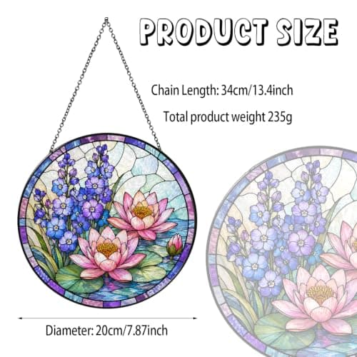 July Birth Flower Stained Glass Suncatcher Window Hanging, Pink Water Lily Sun Catcher for Indoor Window, Birthday Gift for Women Mom Daughter, Floral Glass Decor, 7.87 Inch
