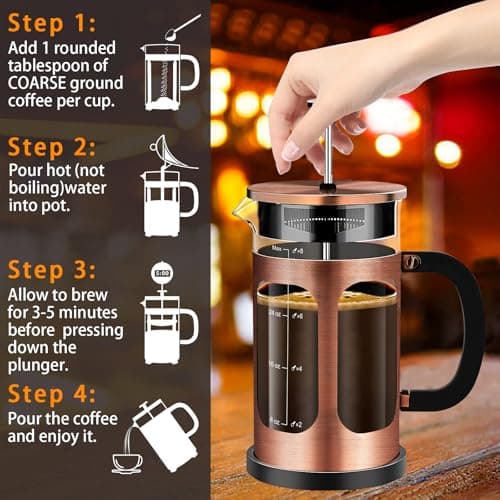 YMMIND French Press Coffee Maker (34oz 1Quart 5-6Cup) Coffee Press, with 4 Filters System, Heat Resistant Thickness Borosilicate Glass, Cold Brew Coffee Tea Pot Gifts (Copper) — view 5