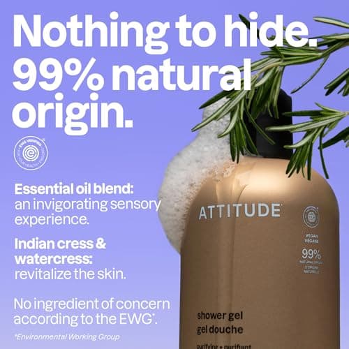 ATTITUDE Body Wash with Essential Oils, Moisturizing Shower Gel, Gentle Daily Cleanser, EWG Verified, Vegan Clean Beauty Skin Care, Sage & Rosemary, 444 mL — view 3