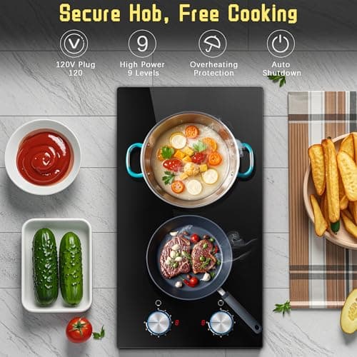 2 Burner Electric Cooktop, 12 Inch Electric Stove Top, 120V Stove Top Burner Knob Control, 2000W Countertop Stove with Timer, 9 Heating Levels, Overheat Protection, High-Temp Alarm Pladeca — view 4