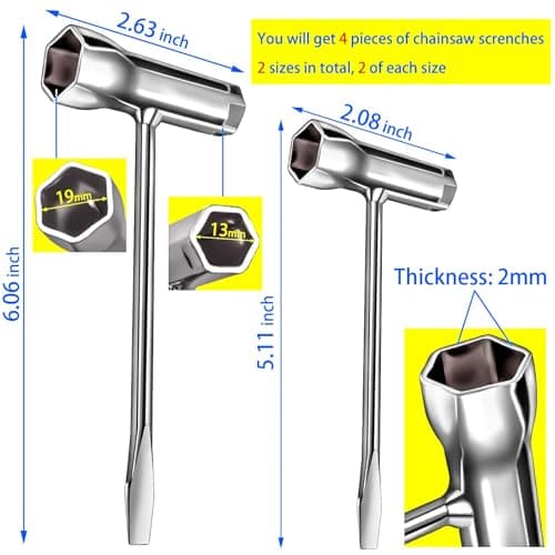 MotBach 4 Pack Chainsaw Scrench Replacement Tools, Screwdriver Chainsaw Wrench Tool Accessories Set, 13 by 19 mm Alloy Steel T Wrench Spanner Combination Tool, Long and Short Size