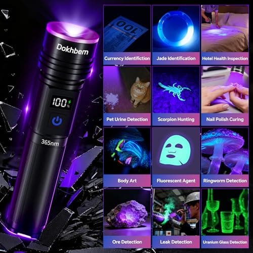 Dokhbem 365nm UV Flashlight Rechargeable, Black Light Flashlight with LCD Display, Powerful Ultraviolet Lights for Pet Urine Detection, Resin Curing, Rockhounding, Scorpion, Uranium Glass, A/C Leak — view 8