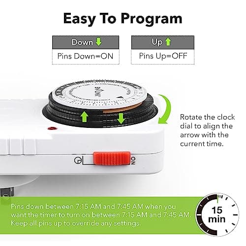 BN-LINK 24 Hour Plug-in Mechanical Timer Grounded for Aquarium, Grow Light, Hydroponics, Indoor Lighting, Home Appliances, ETL Listed 125VAC, 60 Hz, 1875W, 15A, 1/2HP (1 Pack) — view 2