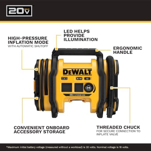 DEWALT Tire Inflator Portable Air Compressor 20V MAX, Car Air Pump with Automatic Shut Off, LED Light, Tool Only (DCC020IB)