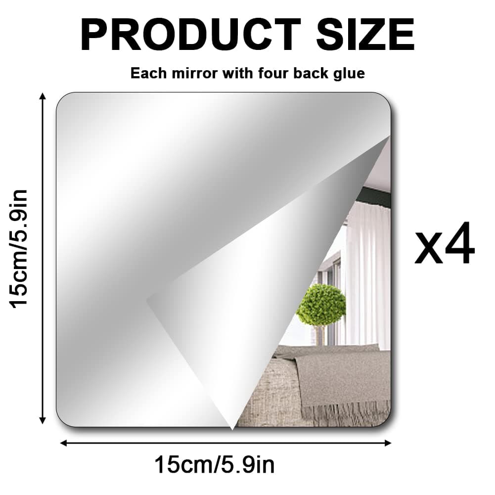 TSLBW 4 Pack Self Adhesive Mirror Stickers 15x15cm Acrylic Mirror Sheets for Wall School Home Livingroom Bathroom Bedroom Decor — view 2