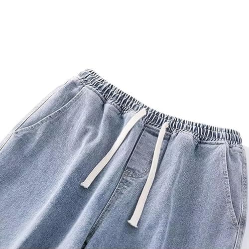 Baggy Jeans Men Casual Straight Leg Denim Pants Drawstring Elastic Waist Jeans Stretch Summer Streetwear Denim Pants Light Blue — view 4