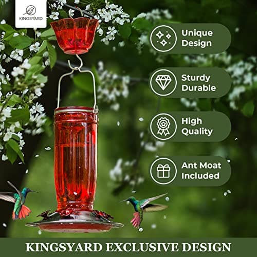 Kingsyard Glass Hummingbird Feeder for Outdoors Wild Bird Feeder with 6 Feeding Ports Hanging for Garden Yard, Red (Ant Moat Included) — view 2
