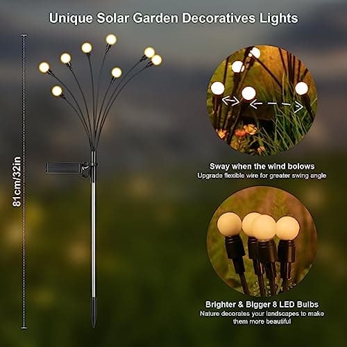 ASMAD Solar Garden Lights, 6 Pack 48 LEDs Solar Outdoor Lights, Firefly Lights for Patio Pathway Outdoor Decor, Bigger Bulb Base&Vary in Lenth, Warm White — view 3