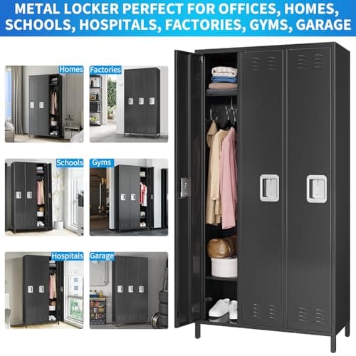 GarveeHome 3-Door Metal Locker with Lock 71 Inch High, Heavy Duty Storage Locker for Employees School Office Gym Home Garage, Multi-Use Industrial Locker Cabinet, Easy Assembly, Black — view 3