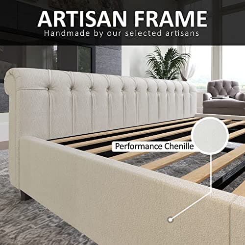 AMERLIFE King Size Platform Bed Frame, Chenille Upholstered Sleigh Bed with Scroll Wingback Headboard & Footboard/Button Tufted/No Box Spring Required/Cream — view 6