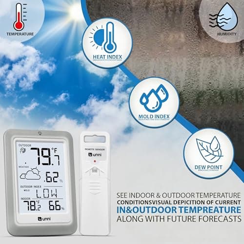Indoor Outdoor Thermometer Hygrometer Wireless Weather Station, Temperature Humidity Monitor Battery Powered Inside Outside Thermometers with 330ft Range Remote Sensor and Backlight Display — view 3