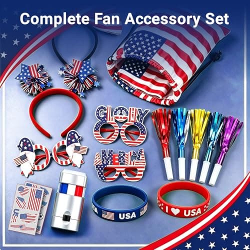 Vryxond 45pcs 2026 World Soccer Cup Fan Gear Set USA Team Fans Kit Game Day Flag Whistle Stickers Face Paint Drawstring Bag Wristband and Headband Set Gifts and Parade Supplies for Soccer Fans — view 2