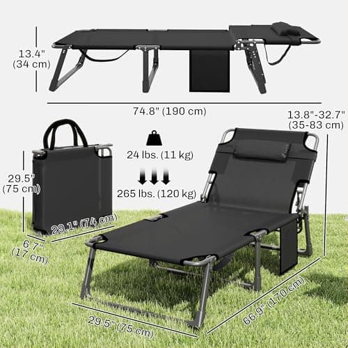 Outsunny Lounge Chair Outdoor Set of 2, 29.5" Wide Folding Chaise Lounge Tanning Chair, 5-Position Beach Patio Lounger Camping Cot Bed with Cushion, Side Pocket, Dark Grey/Blue — view 2
