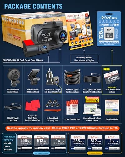 ROVE R2-4K DUAL Dash Cam Front and Rear, STARVIS 2 Sensor, FREE 128GB Card Included, 5G WiFi - up to 20MB/s Fastest Download Speed with App, 4K 2160P/FHD Dash Camera for Cars, 3" IPS, 24H Parking Mode — view 5