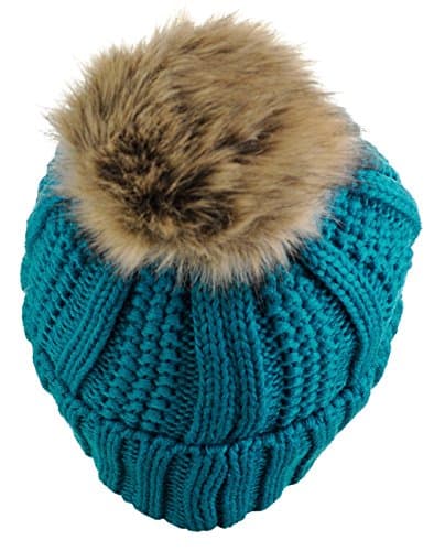 C.C Thick Cable Knit Faux Fuzzy Fur Pom Fleece Lined Skull Cap Cuff Beanie, Teal — view 3