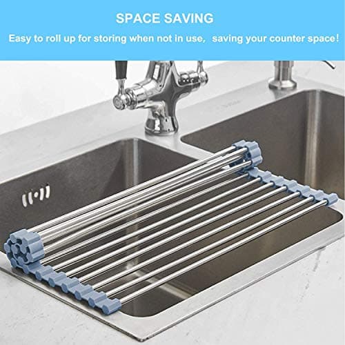 Seropy Roll Up Dish Drying Rack, Over the Sink Dish Drying Rack Kitchen Rolling Dish Drainer, Foldable Sink Rack Mat Stainless Steel Wire Dish Drying Rack for Kitchen Sink Counter Storage 17.5x11.8 — view 2