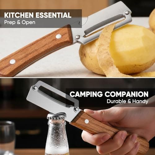 Premium Vegetable Peeler with Wooden Handle and Bottle Opener: 2-in-1 Stainless Steel Kitchen Tool for Fruit Apple Potato Pumpkin Papaya (2 PCS) — view 4