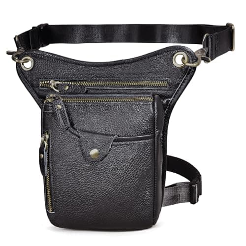 Le'aokuu Mens Genuine Leather Messenger Riding Hip Bum Waist Pack Drop Leg Cross Over Bag (211-5 Black 1)