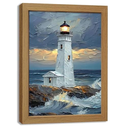 Blue Ocean Island Lighthouse Wall Art, Coastal Waves Textured Canvas Prints Poster Wall Decor Gifts, Preppy Style Home Decor for Bedroom Living Room or Office 16x12inch Wood Framed