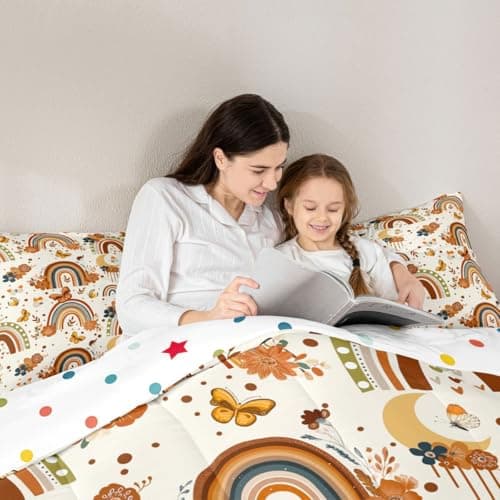 Erosebridal Girls Rainbow Comforter Set Twin Boho Butterfly Kids Bedding Set Bohemian Flowers Floral Leaves Quilt Set Moon Dream Catcher Bed Set Orange Tribal Exotic Style Room Decor 1 Pillow Case — view 4