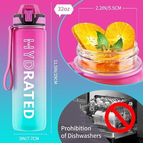 QLUR Water Bottle with Straw, 32oz Motivational Water Bottles with Time Marker to Drink, Tritan BPA Free, 1L Sports Water Bottle with Carry Strap LeakProof for Women Gym Fitness Outdoor (1 Pack) — view 5