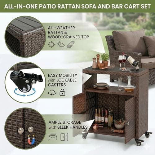 SONGBATE Outdoor Storage Cabinet with Wheels, Patio Sideboard Buffet Cabinet with Metal Slatted Countertop, 2-Door Wicker Sideboard, Outdoor Bar for Patio Garden Backyard Poolside, Mix Brown — view 3