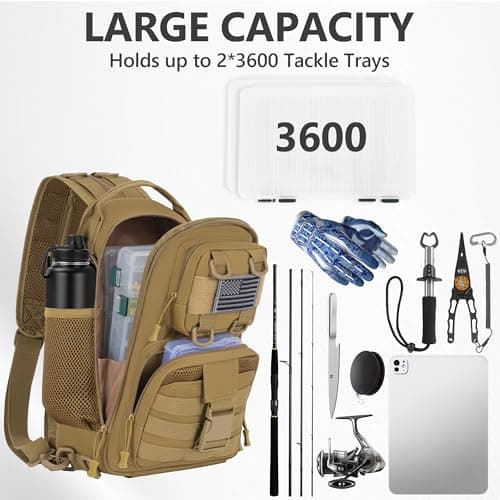 Fishing Tackle Bag, Tactical Fishing Tackle Backpack with Rod & Gear Holder, Lightweight Outdoor Water-Resistant Fish Tackle Gear Shoulder Bags for Men Women, Khaki — view 2