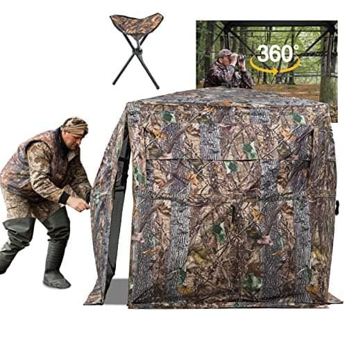 FUNHORUN Hunting Blind 360 Degree See Through Ground Blind for Deer/Turkey Hunting, 2/3 Person Pop Up Camouflage Tent with Chair, Portable Concealed Shelter with Carrying Bag