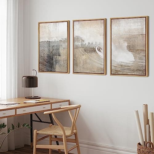 wall26 Framed Canvas Print Wall Art Set Gray & Tan Color Block Ocean Wave Overlay Nature Wilderness Digital Art Modern Art Rustic Scenic for Living Room, Bedroom, Office - 24"x36"x3 Natural — view 3