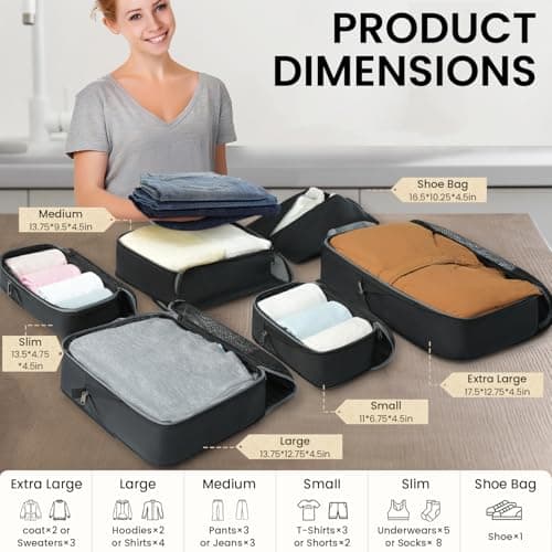BAGAIL 4 Set/6 Set/8 Set Compression Packing Cubes Travel Accessories Expandable Packing Organizers (Half Mesh, 6-Black)