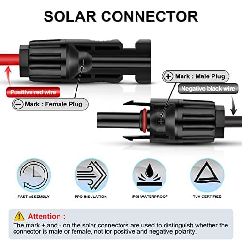 iGreely 20 Feet 10AWG Solar Extension Cable with Female and Male Connector Solar Panel Wire Adapter (20FT Red + 20FT Black)