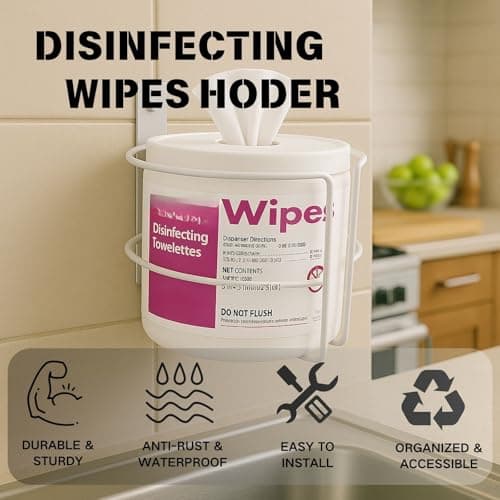 Wall Mount Cleaning Wipes Holder for Clorox & Lysol Wipe Canisters, Metal Wipes Canister Wall Bracket Fits up to 5.2" Diameter, Adhesive or Screw Mount Organizer for Kitchen Bathroom Gym Office