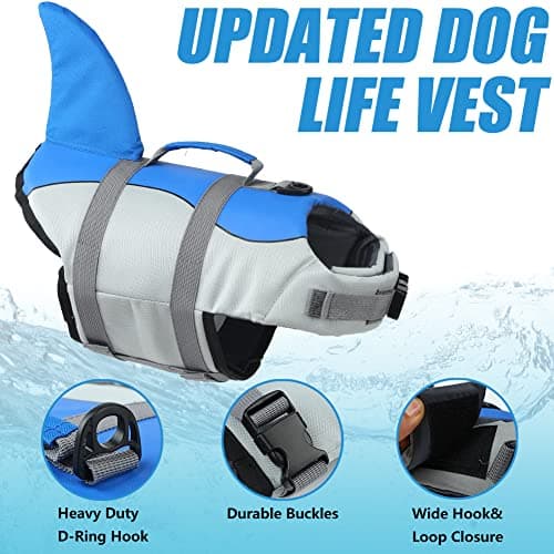 EMUST Dog Life Jacket Shark, Dog Life Vests for Small, Middle, Large Dogs with Rescue Handle Dog Flotation Vest Safety Lifesaver for Swimming Pool Beach Boating, (S,Blue) — view 3