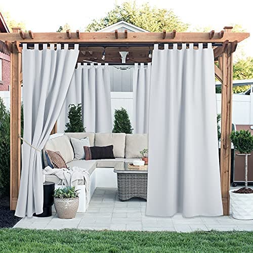 NICETOWN Outdoor Curtains for Patio,Waterproof Detachable Sticky Tab Top Thermal Insulated Blackout Outdoor Drapes for Deck/Gazebo,Set of 2,W52 x L96,Greyish White