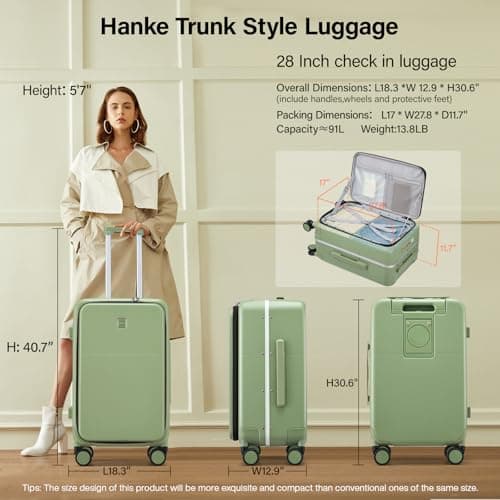 Hanke 28 Inch Checked Luggage with Cup Holder and USB Ports, Top Opening Hard Shell Suitcase with Wheels, Aluminum Frame Large Trunk Luggage with Foldable Divider & TSA Lock for Travel, Bamboo Green