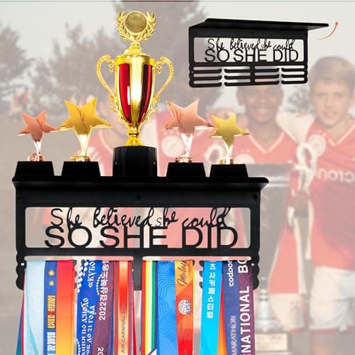 Goutoports Personalized Medal Hanger Display Trophy Shelf - Sports Medal Display Rack with Wooden -Custom Text Color and Images for Athletes - 4ROW - AA-Mixed Patterns — view 3