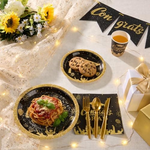 Goodluck 350pcs 2026 Graduation Party Supplies Set, Black and Gold Paper Plates Graduation Decorations, Includes 9" & 7" Disposable Paper Plates, 9oz Cups, Napkins & Cutlery for 50 Guests — view 4
