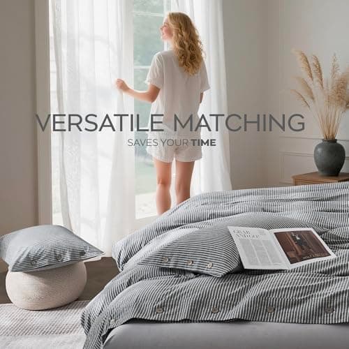 JELLYMONI Cotton Duvet Cover Queen Size - Black Vertical Pinstriped Comforter Cover with Button 100% Washed Cotton 3PCS Breathable Soft Solid Bedding Set Duvet Cover 90×90in & 2 Pillowcases — view 5