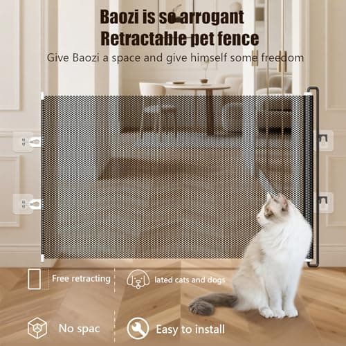 Retractable Dog Gate, Anti-Jumping Partition Fence for Dogs, No Drill Retractable Pet Safety Barrier, Reinforced Mesh Safety Barrier, Portable Indoor Mesh Gate, for Decks, Stairs, Doorways