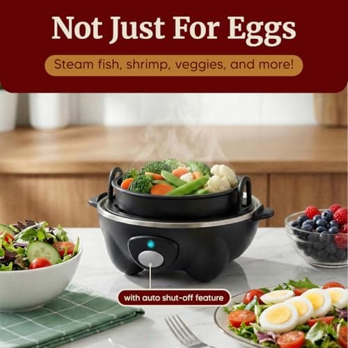 Elite Gourmet EGC-007B# Rapid Egg Cooker, 7 Easy-To-Peel, Hard, Medium, Soft Boiled Eggs, Poacher, Omelet Maker, Auto Shut-Off, Alarm, 16-Recipe Booklet, BPA-Free, Black — view 4