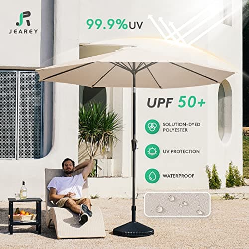 JEAREY 9FT Outdoor Patio Umbrella Outdoor Table Umbrella with Push Button Tilt and Crank, Market Umbrella 8 Sturdy Ribs UV Protection Waterproof for Garden, Deck, Backyard, Pool (Beige) — view 2