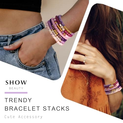 CCINPPY Friendship Bracelets Trendy Heishi Clay Bead Bracelets Stack Gold Beaded Stretch Bracelets for Women Boho Stackable Bracelets Bulk Cute Preppy Jewelry, Purple — view 4