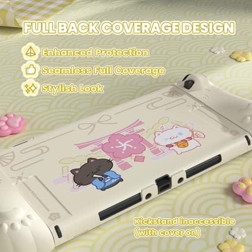 PlayVital Cherry Blossoms Kitten Protective Case for Nintendo Switch 2 with Stand | Cute Cat Ear & Paw Silicone Grips, Dockable Hard Shell, 2 Joystick Caps, Full-Body Protection Cover - Antique Yellow — view 3